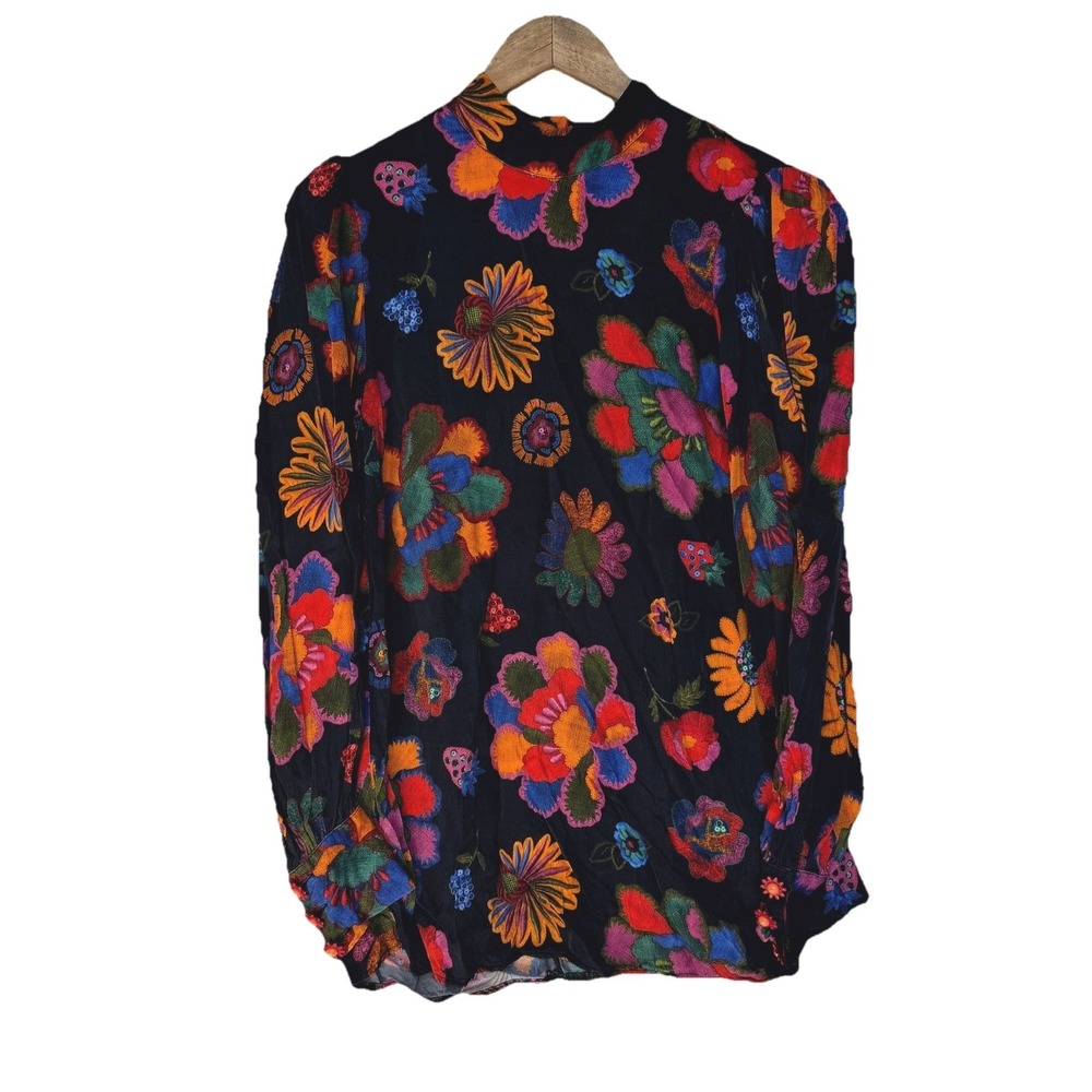 Farm Rio Lily's Garden Mock Neck Blouse Women's Medium Black Viscose Floral